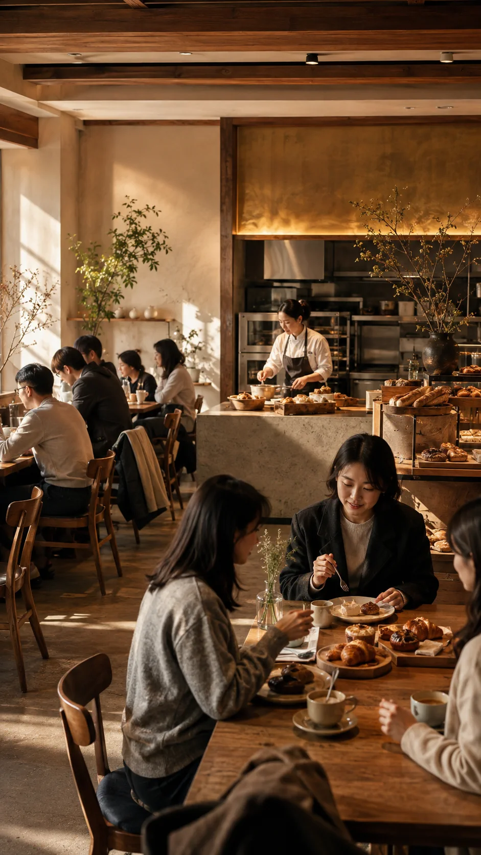 아침 햇살이 긴 나무 테이블에 드리운 카페 홀과 손님들