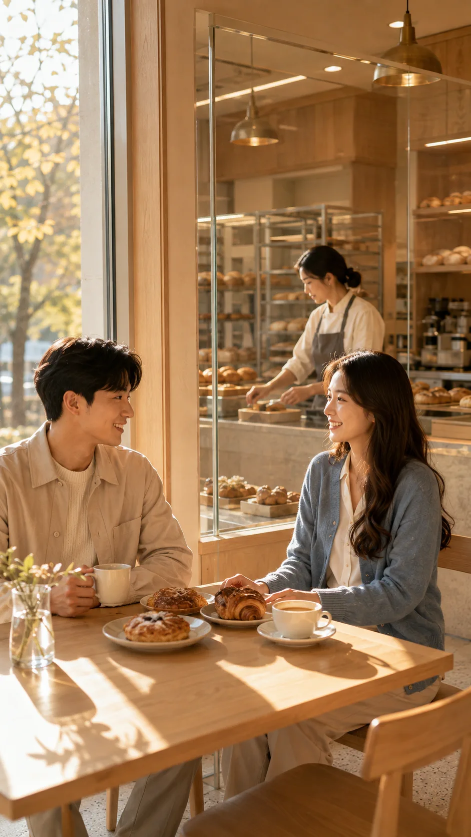 창가 자리에서 커피와 페이스트리를 앞에 두고 이야기하는 손님 두 명