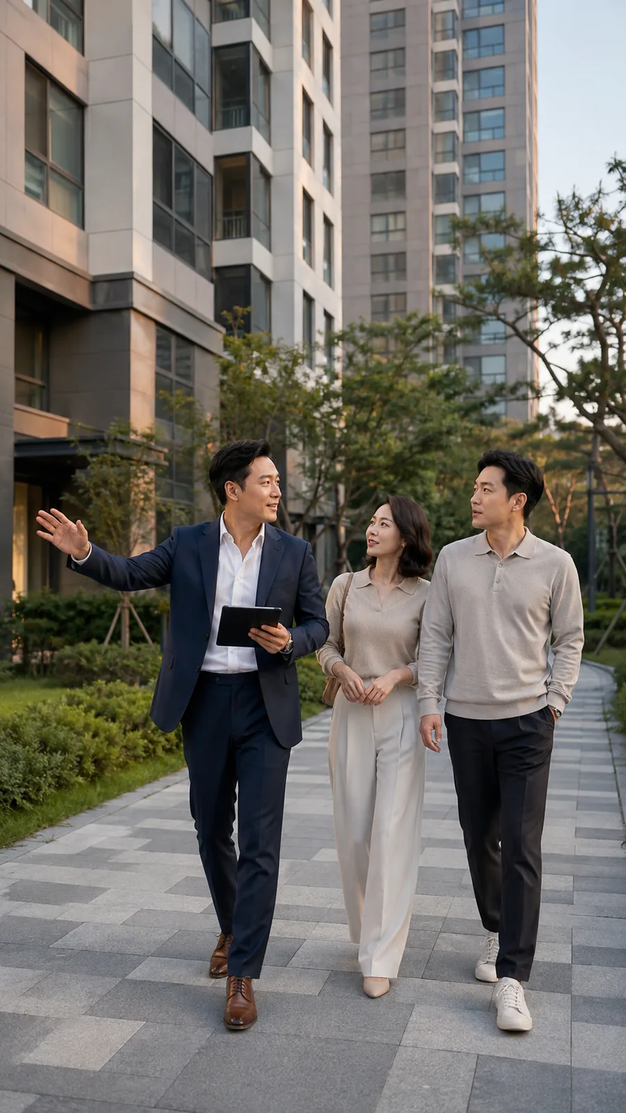 아파트 단지 산책로에서 태블릿을 들고 고객 두 사람을 안내하며 걷는 모습
