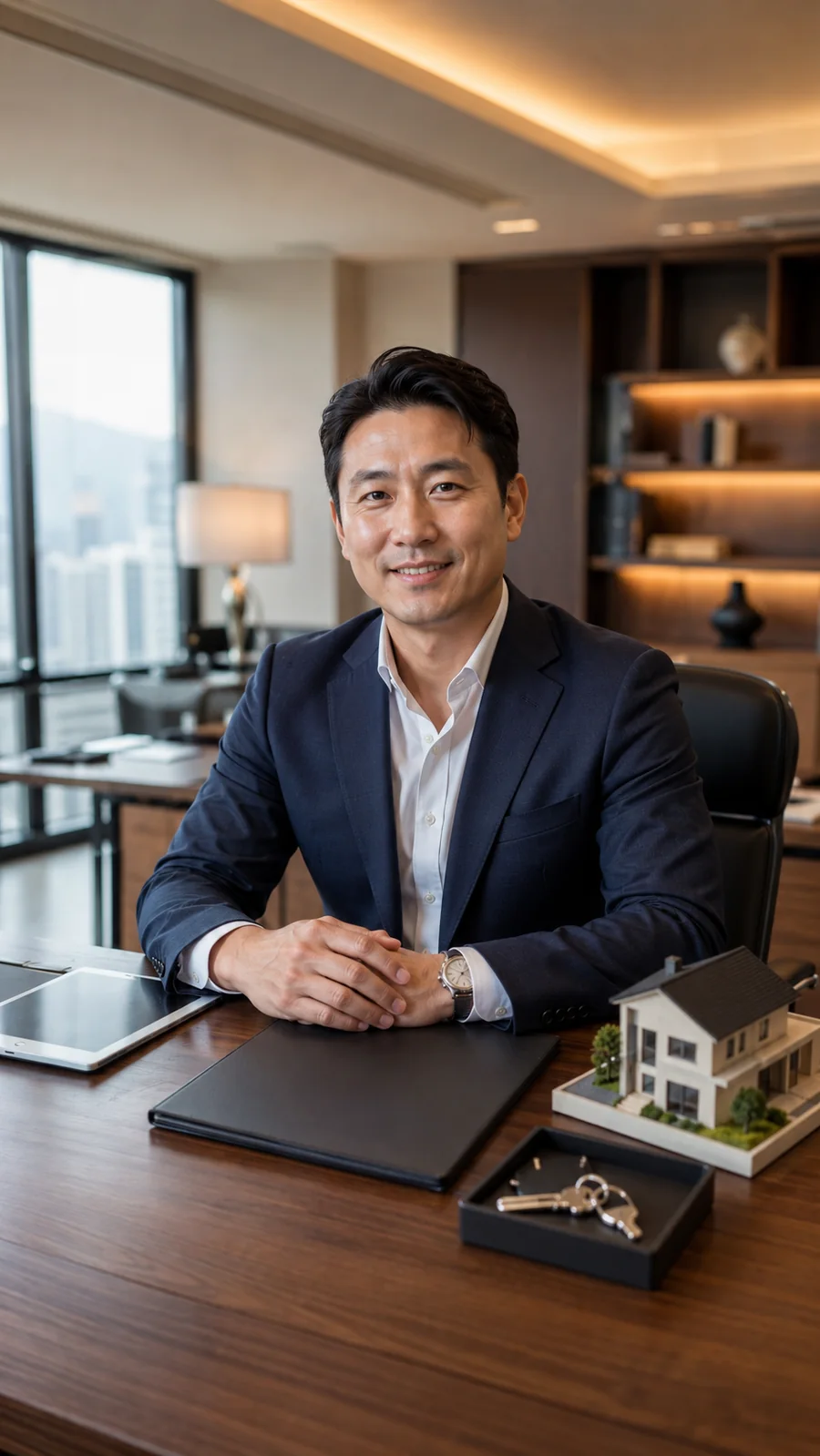 주택 모형과 열쇠가 놓인 원목 책상에 앉아 있는 집무 공간