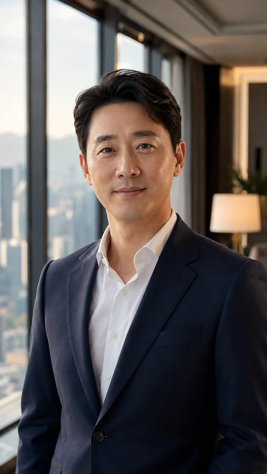 사무소 안에서 정면을 바라보는 부동산 전문가의 상반신