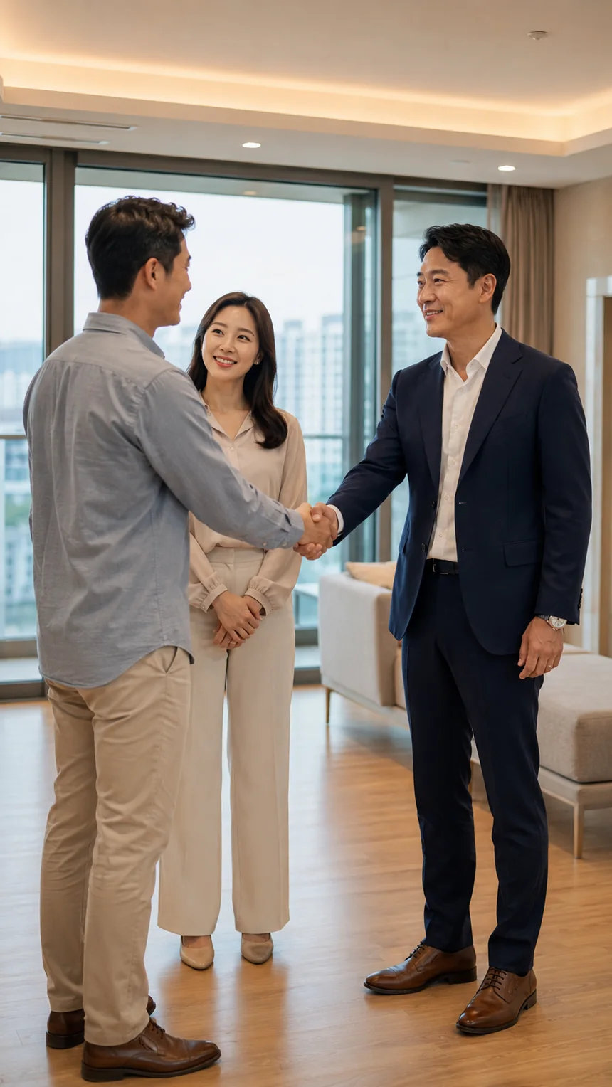 계약을 마치고 고객과 악수하는 부동산 전문가
