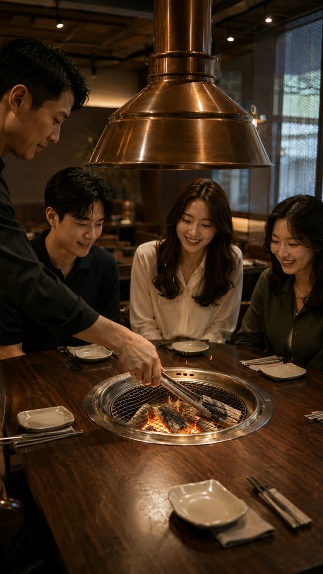 붉게 달아오른 참숯을 화로에 고르게 펴는 직원