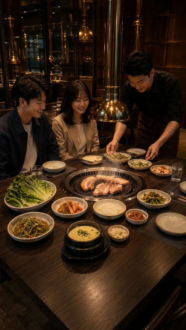 화로를 가운데 두고 반찬과 찌개가 놓인 첫 상차림