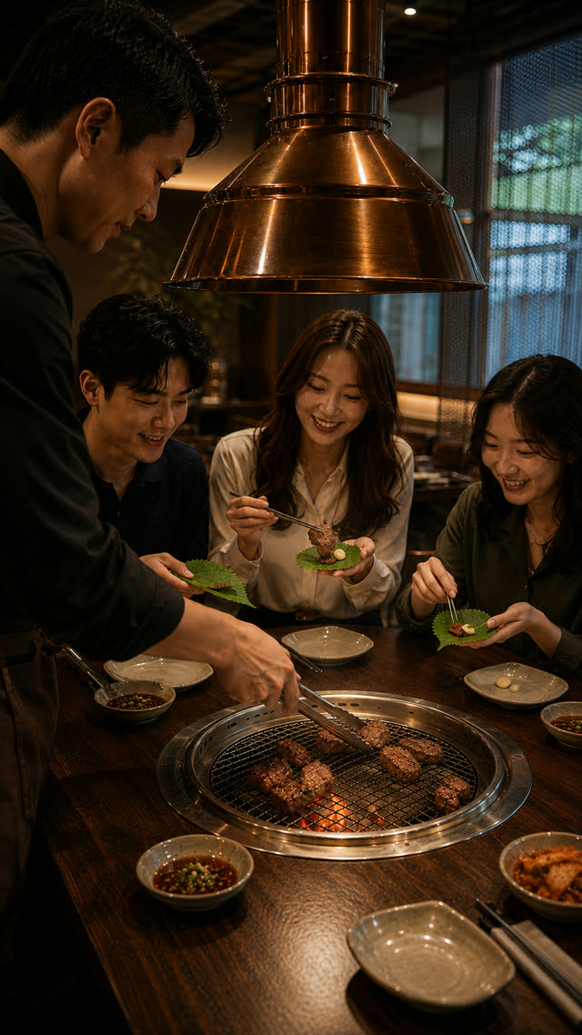 구운 고기를 깻잎에 싸서 먹는 손님들