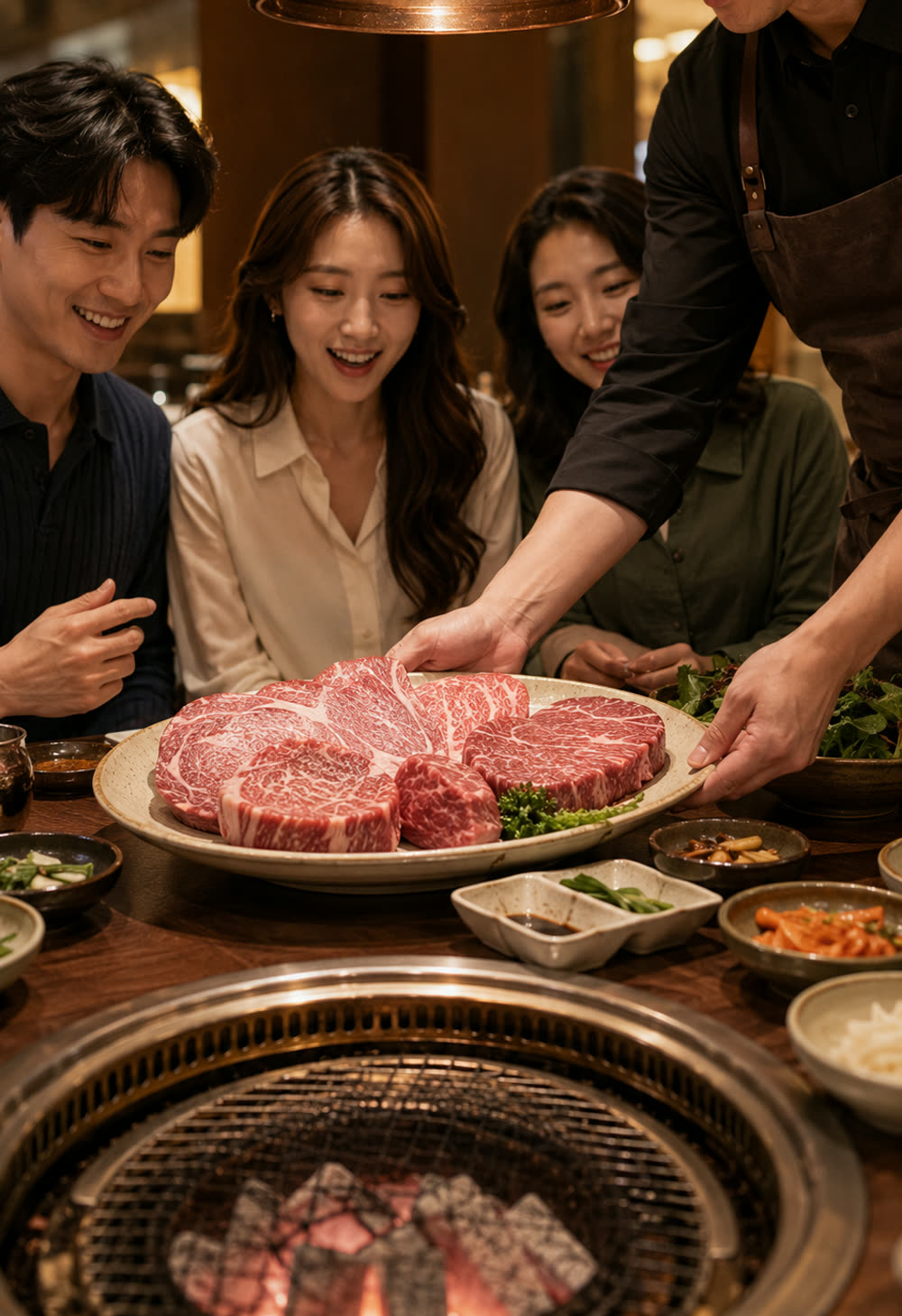 숯불 화로 위로 마블링이 고운 한우 모둠 접시가 놓이는 고깃집 테이블