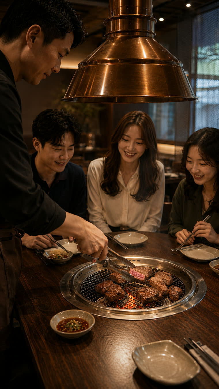 참숯 화로 위에서 노릇하게 구워지는 한우 구이를 집게로 집는 모습