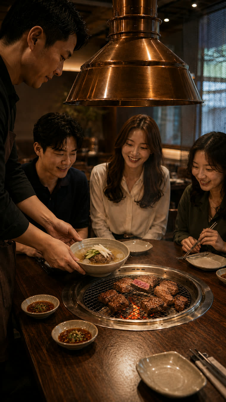구이가 올라간 화로 옆으로 시원한 물냉면 한 그릇이 놓이는 모습
