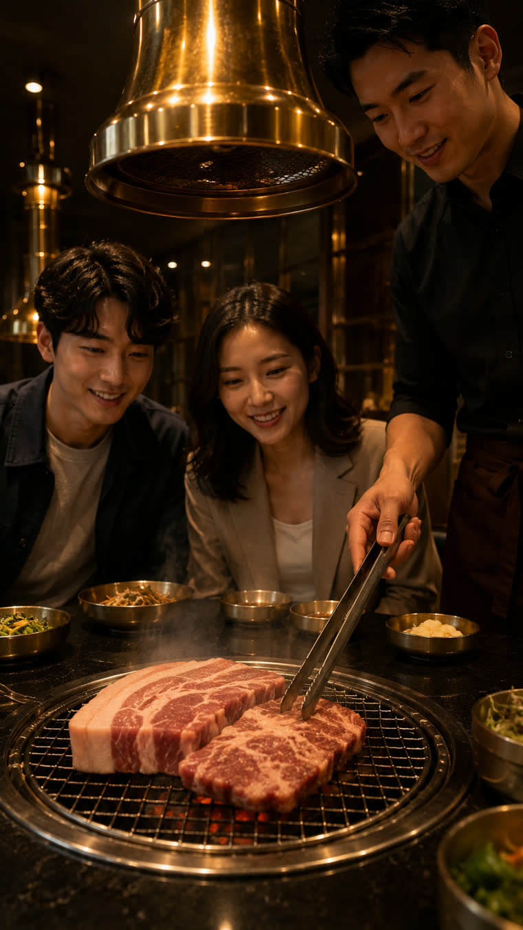 두툼하게 썬 숙성 돼지고기를 숯불 석쇠 위에 올리는 모습