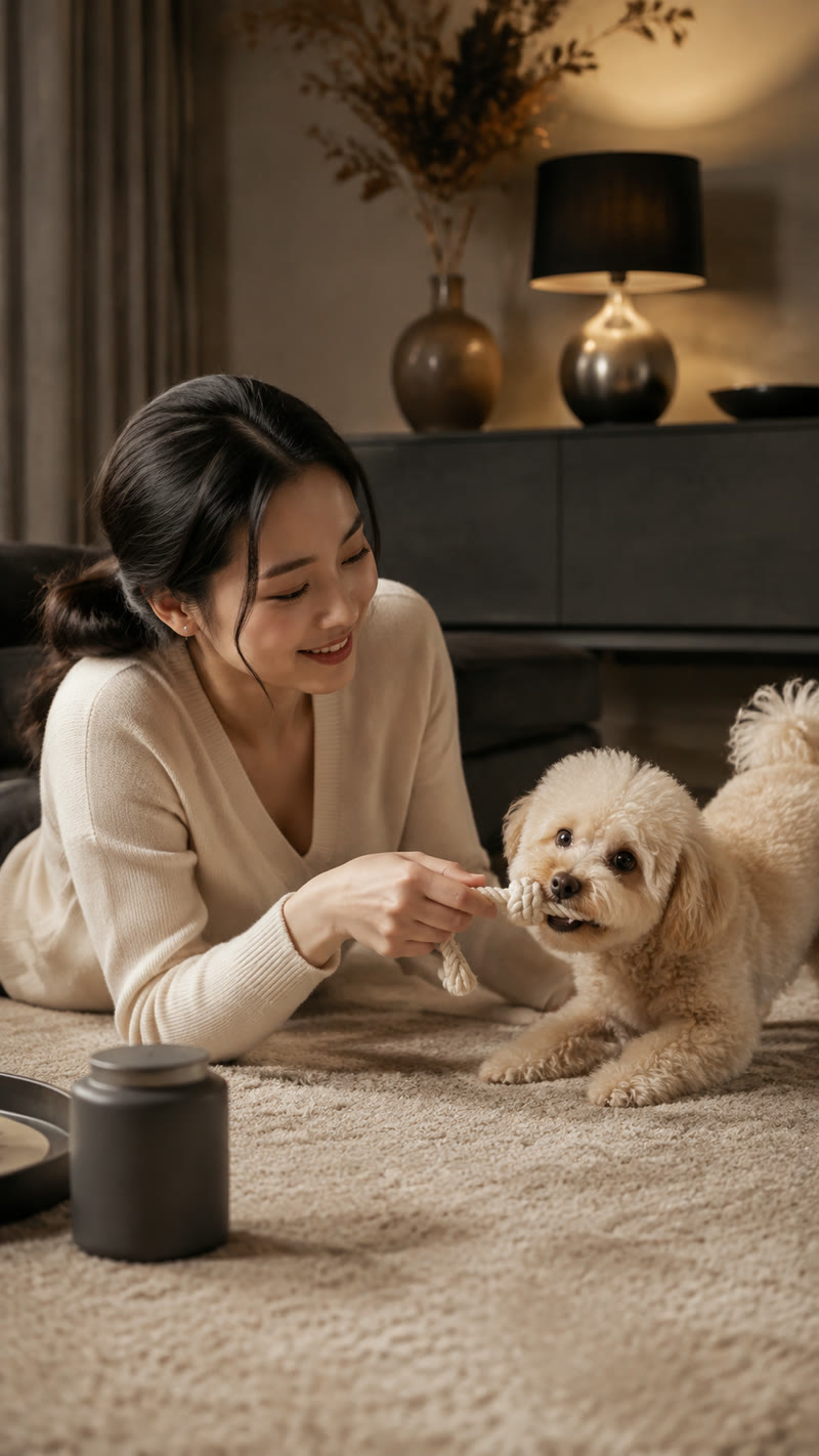 러그 위에서 강아지와 장난감을 가지고 노는 사람
